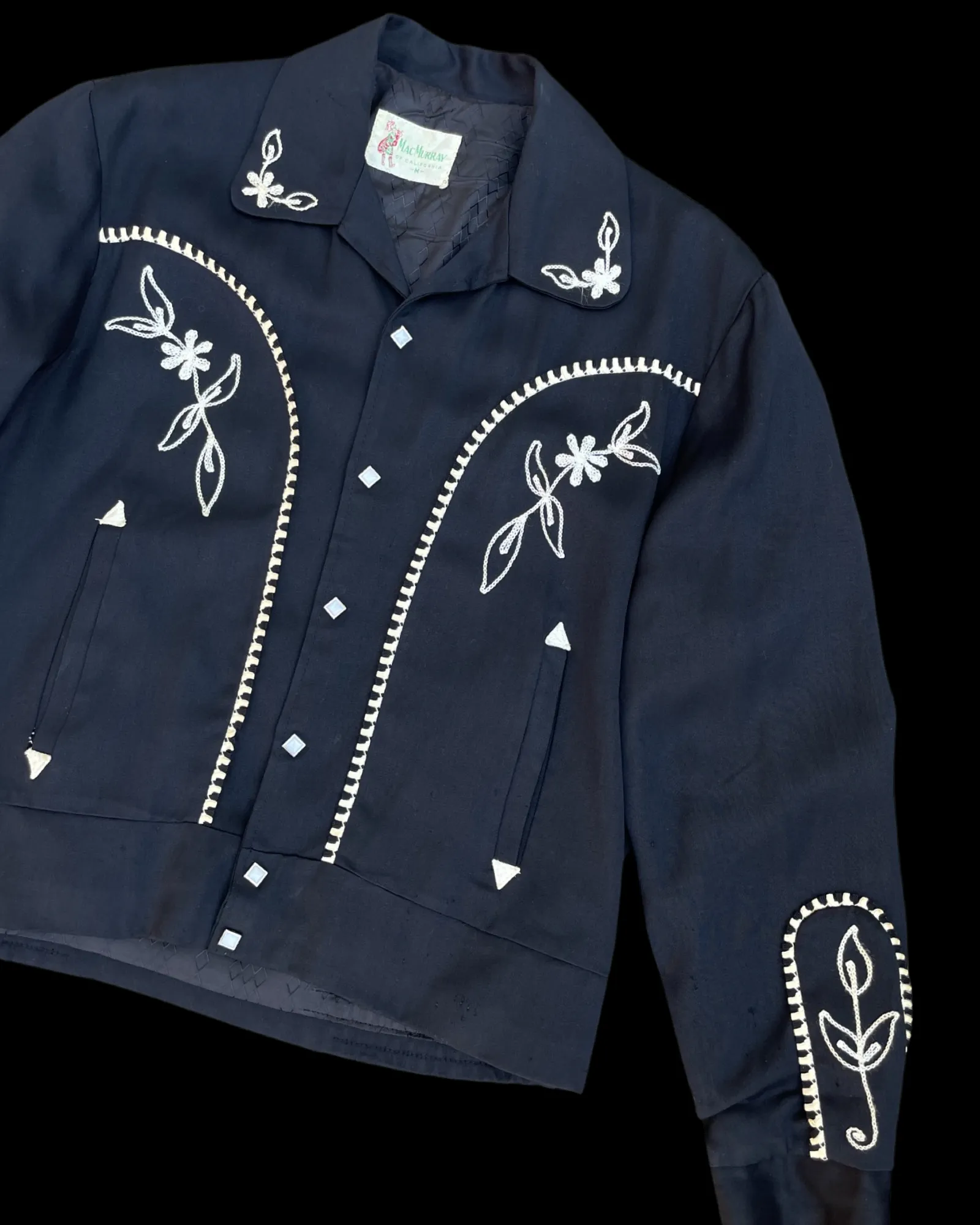 1950s MacMurray of California Western Rockabilly Embroidered Gabardine Fringe Trim Pearl Snap Jacket