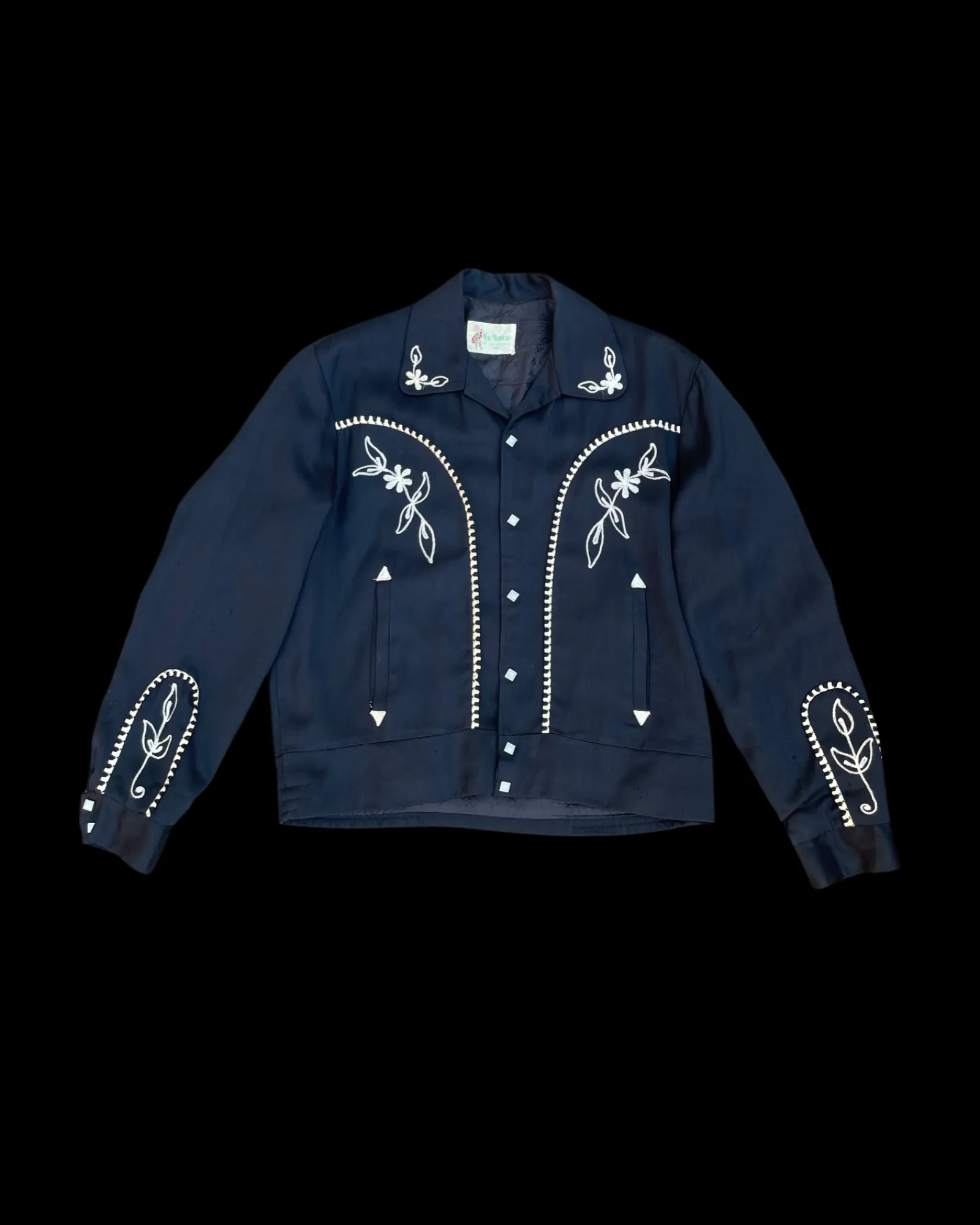 1950s MacMurray of California Western Rockabilly Embroidered Gabardine Fringe Trim Pearl Snap Jacket