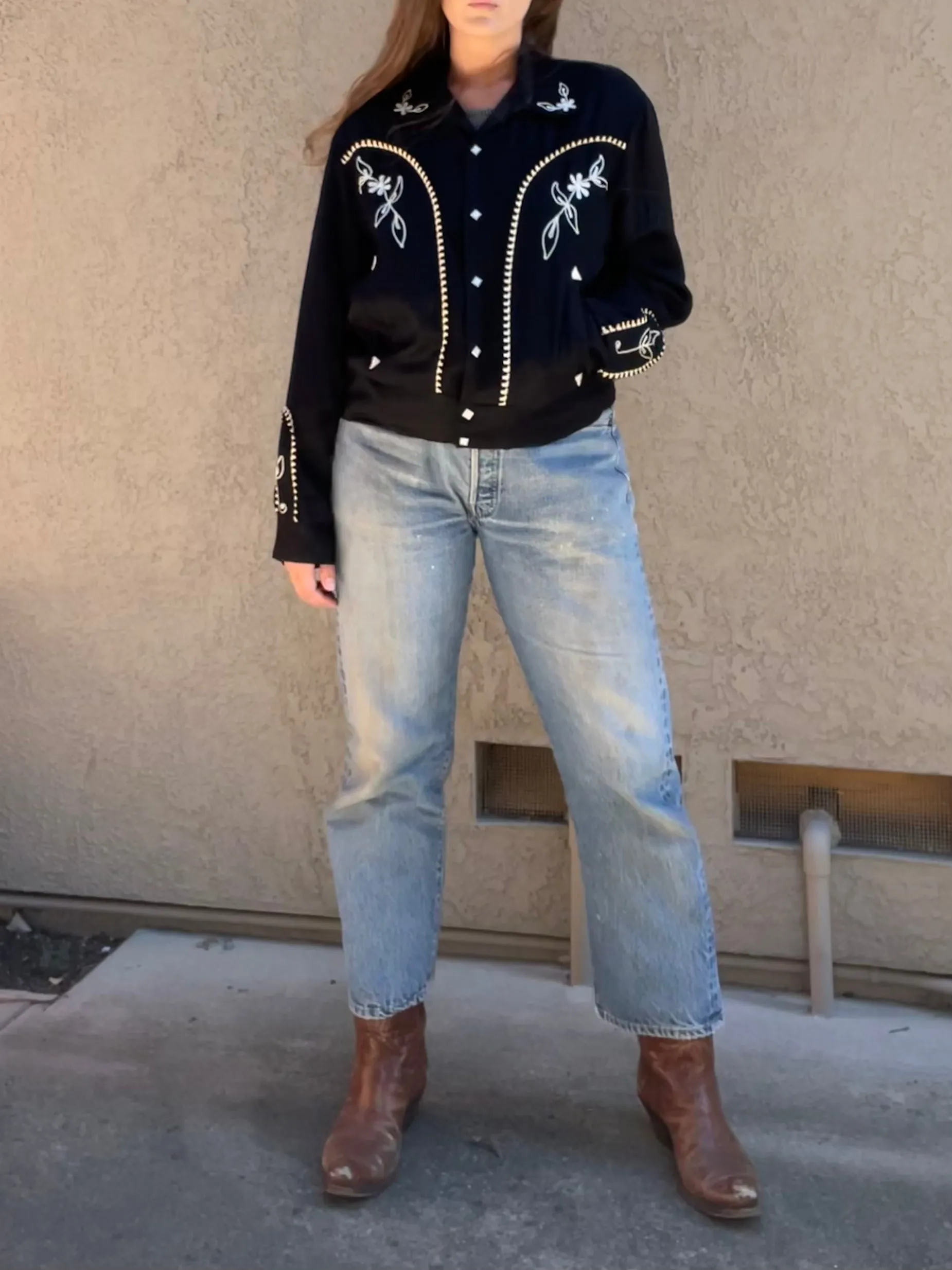 1950s MacMurray of California Western Rockabilly Embroidered Gabardine Fringe Trim Pearl Snap Jacket