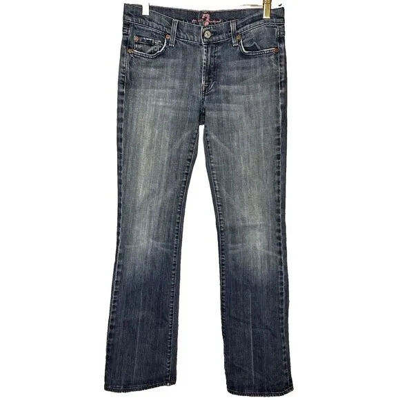 7 For All Mankind Pink Stitch Boot Cut Low Rise Faded Distressed Whiskered Jeans