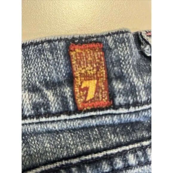 7 For All Mankind Pink Stitch Boot Cut Low Rise Faded Distressed Whiskered Jeans