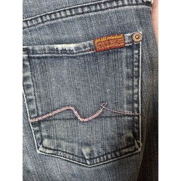 7 For All Mankind Pink Stitch Boot Cut Low Rise Faded Distressed Whiskered Jeans