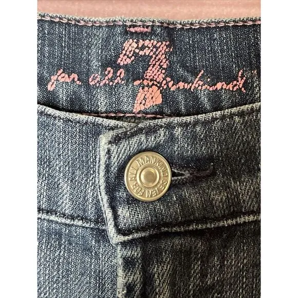 7 For All Mankind Pink Stitch Boot Cut Low Rise Faded Distressed Whiskered Jeans