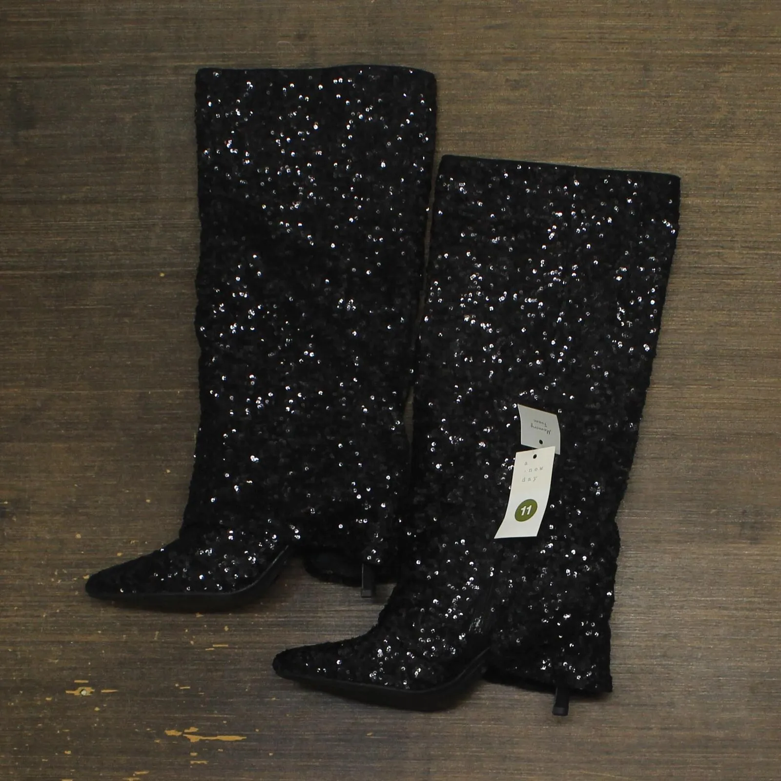 A New Day Womens Abba Sequin Foldover Tall Boots 91636693 Black 11M