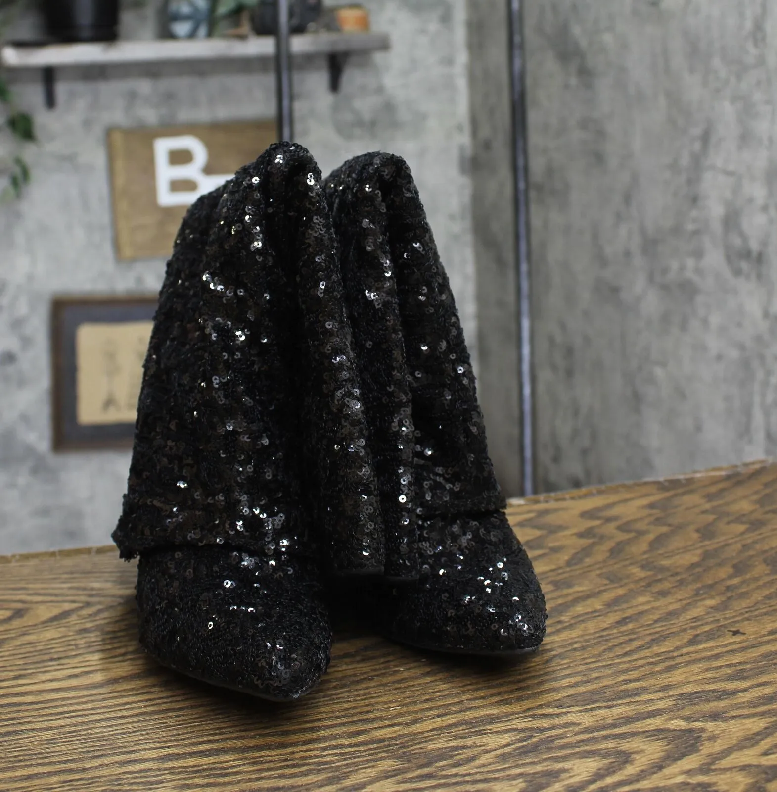 A New Day Womens Abba Sequin Foldover Tall Boots 91636693 Black 6M