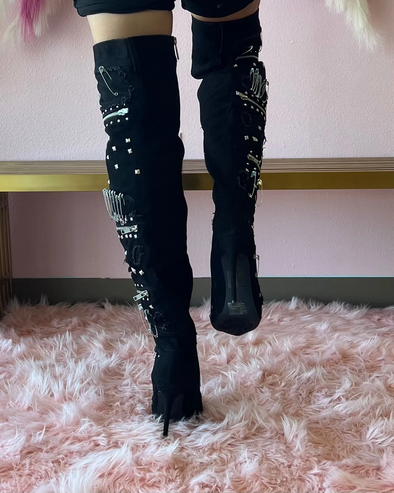 ABILENEA Black Denim Thigh High Boot Heavy Hardware