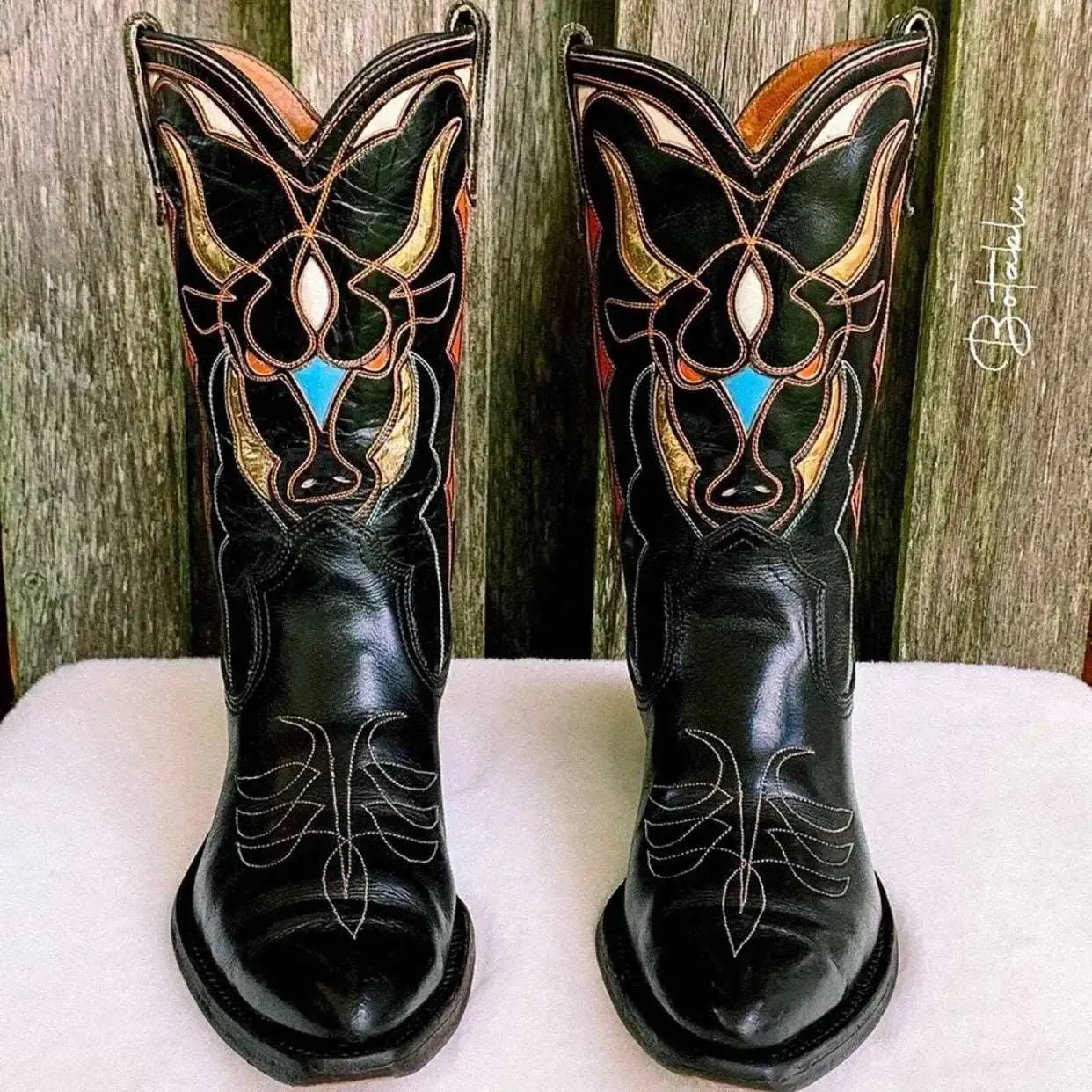 ACME Vintage Rare Bull Inlay Short Black Cowgirl Cowboy Western Boots