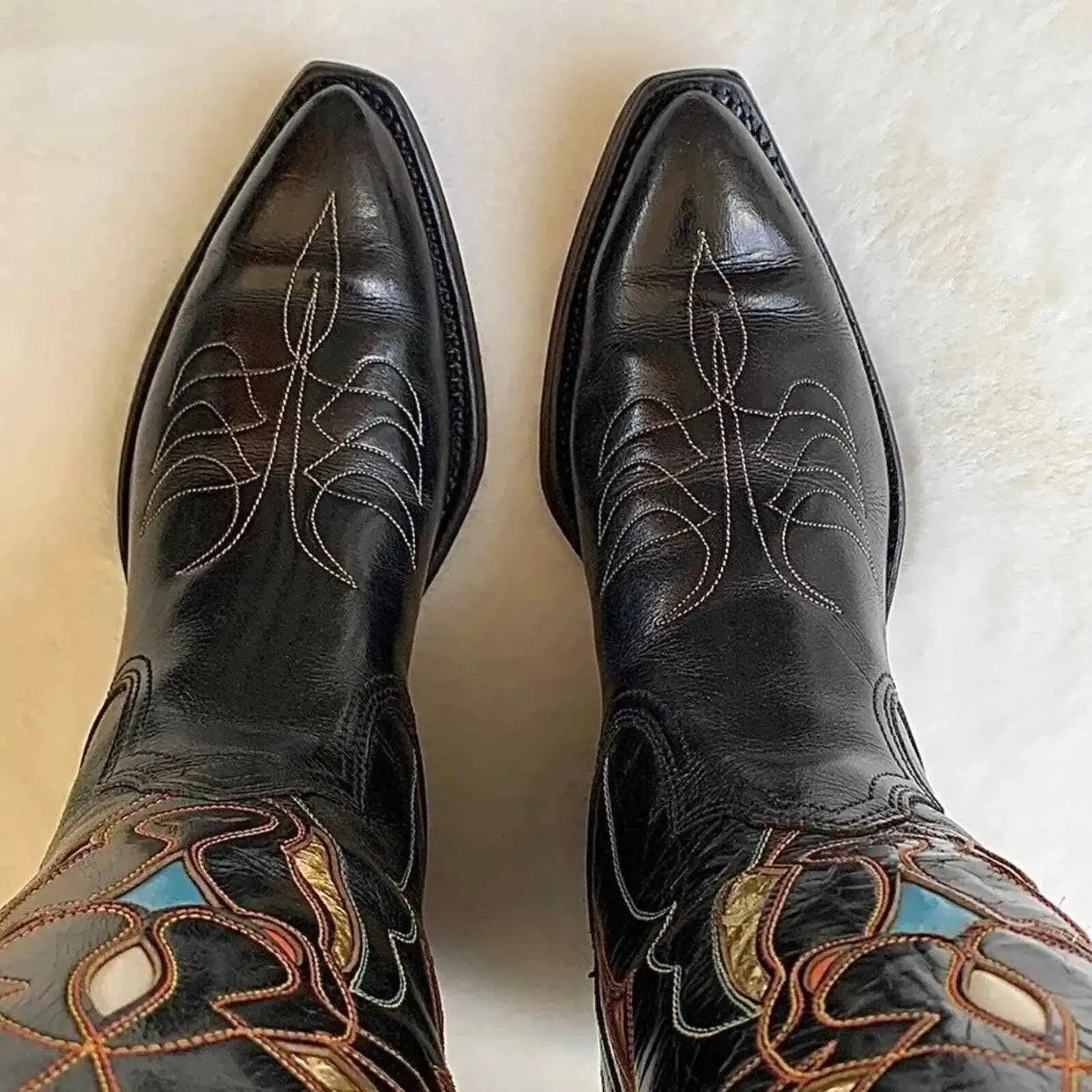 ACME Vintage Rare Bull Inlay Short Black Cowgirl Cowboy Western Boots