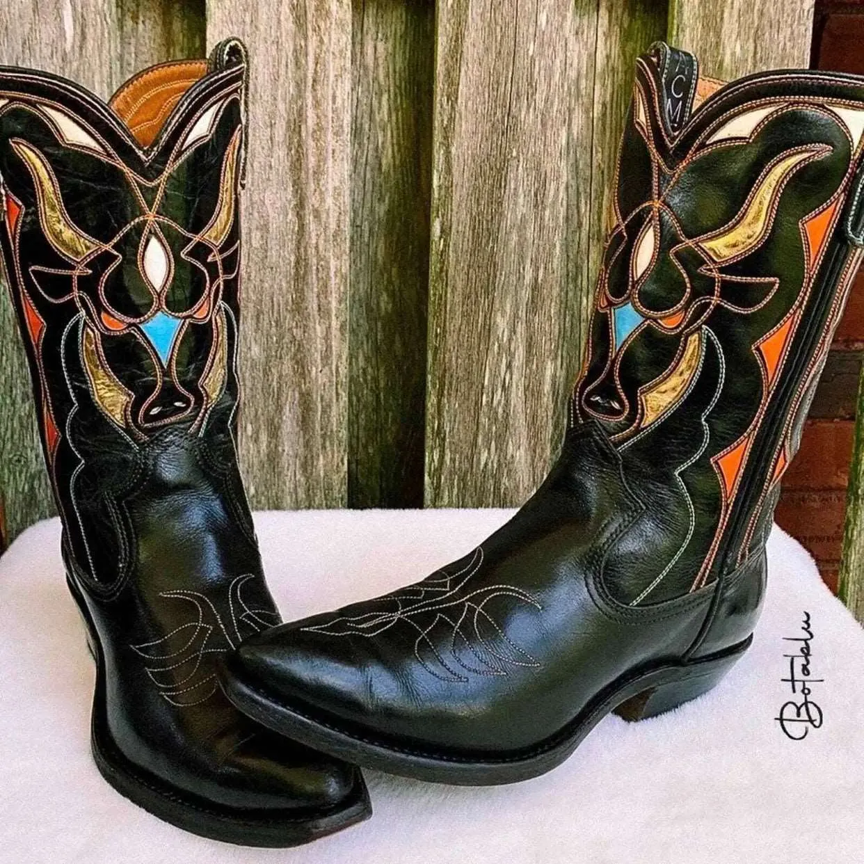 ACME Vintage Rare Bull Inlay Short Black Cowgirl Cowboy Western Boots