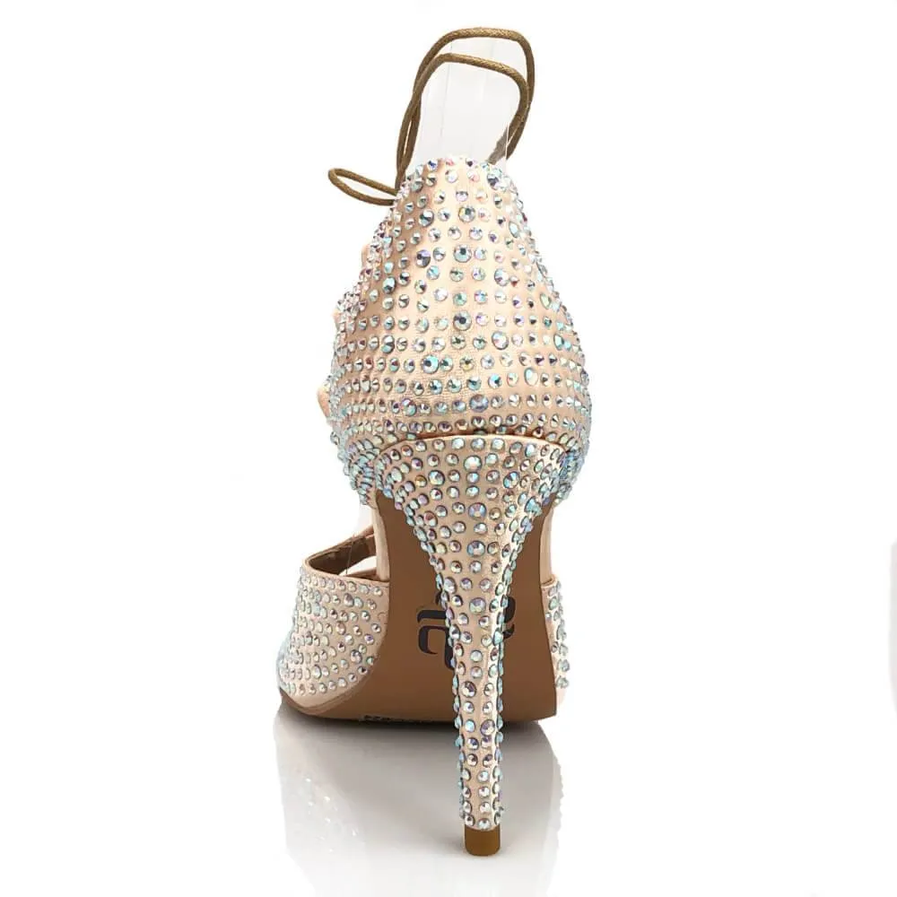 Alemana Crystal - Light Tan Satin - Suede Sole - Dance Floor Only
