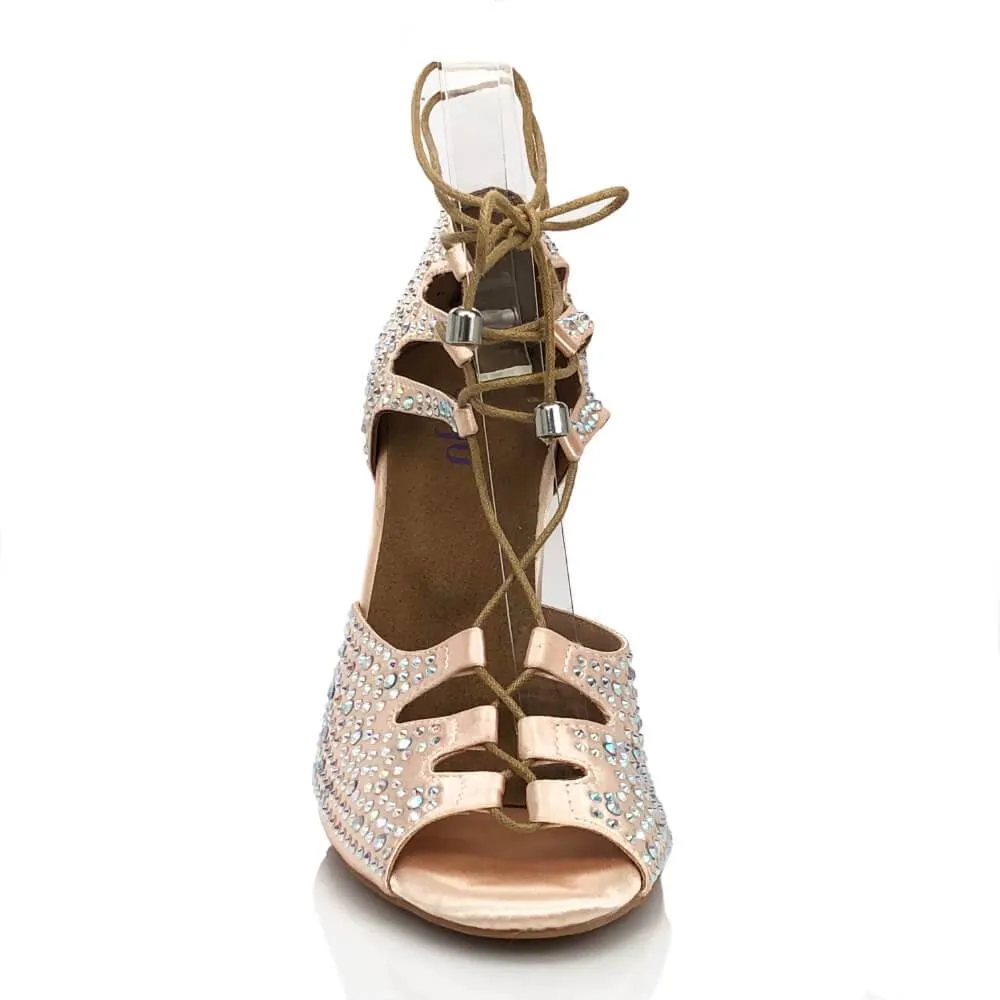Alemana Crystal - Light Tan Satin - Suede Sole - Dance Floor Only