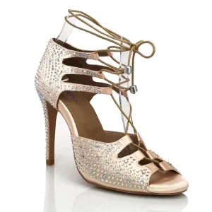 Alemana Crystal - Light Tan Satin - Suede Sole - Dance Floor Only