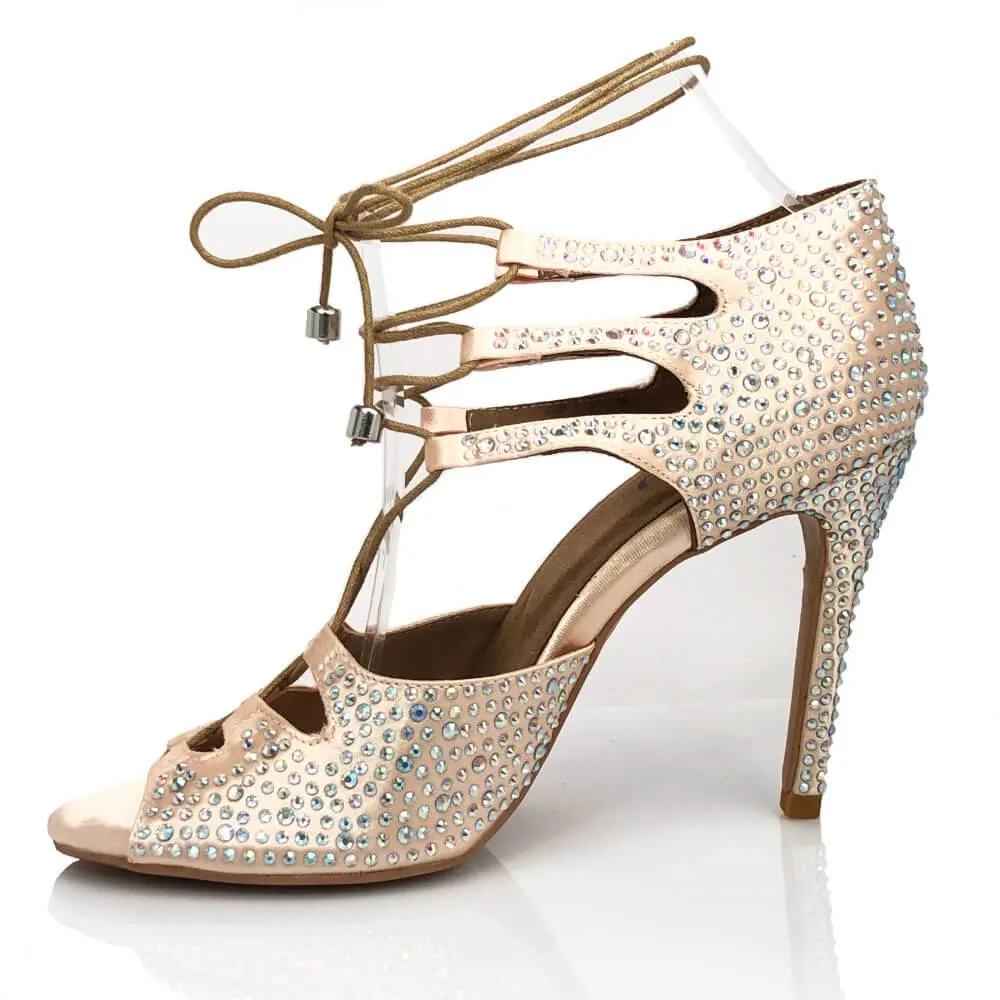 Alemana Crystal - Light Tan Satin - Suede Sole - Dance Floor Only