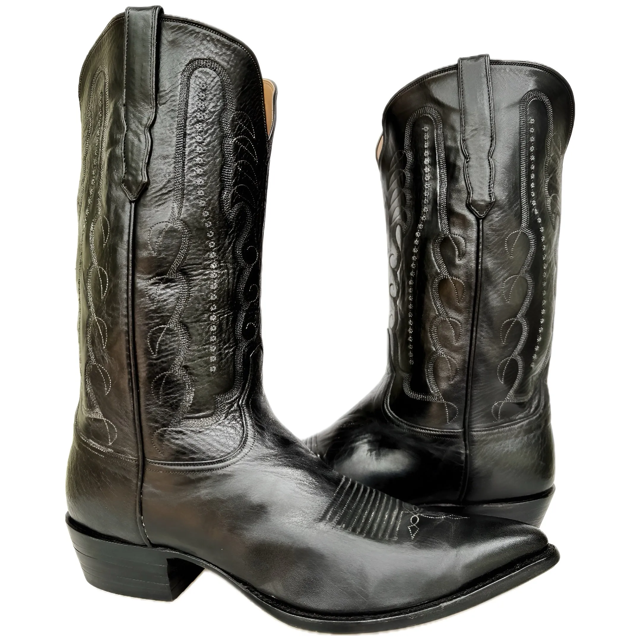 AMMONS Vintage Handmade Kangaroo Leather Black Western Cowboy Boots