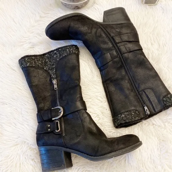 BARETRAPS Willow Back Mid Calf Heel Boots Biker Moto women size 8.5