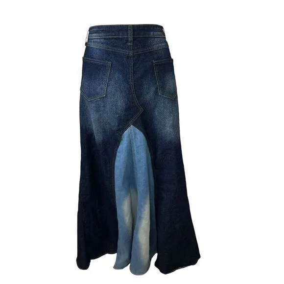 Be-Girl Skirt Womens Size 2X Plus Blue Denim Distressed Patchwork Boho Western