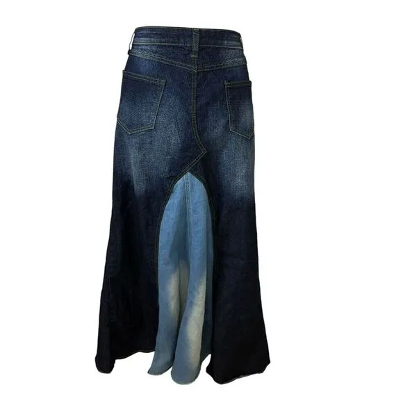 Be-Girl Skirt Womens Size 2X Plus Blue Denim Distressed Patchwork Boho Western