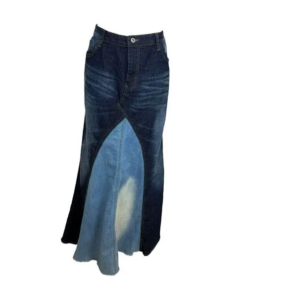 Be-Girl Skirt Womens Size 2X Plus Blue Denim Distressed Patchwork Boho Western