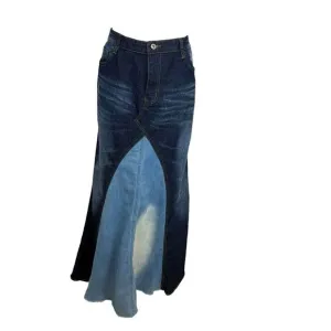 Be-Girl Skirt Womens Size 2X Plus Blue Denim Distressed Patchwork Boho Western
