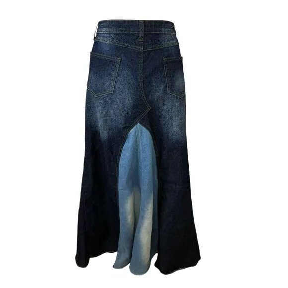Be-Girl Skirt Womens Size 2X Plus Blue Denim Distressed Patchwork Boho Western