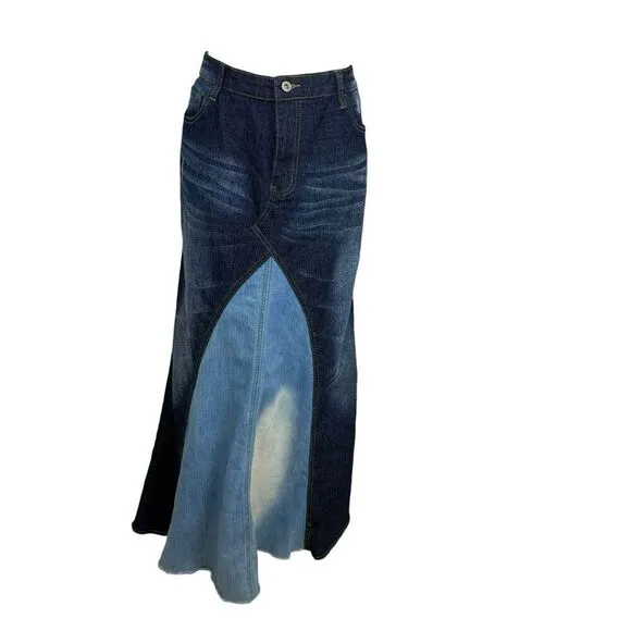 Be-Girl Skirt Womens Size 2X Plus Blue Denim Distressed Patchwork Boho Western