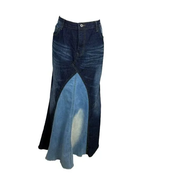 Be-Girl Skirt Womens Size 2X Plus Blue Denim Distressed Patchwork Boho Western
