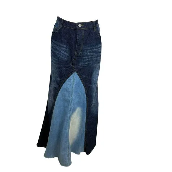 Be-Girl Skirt Womens Size 2X Plus Blue Denim Distressed Patchwork Boho Western