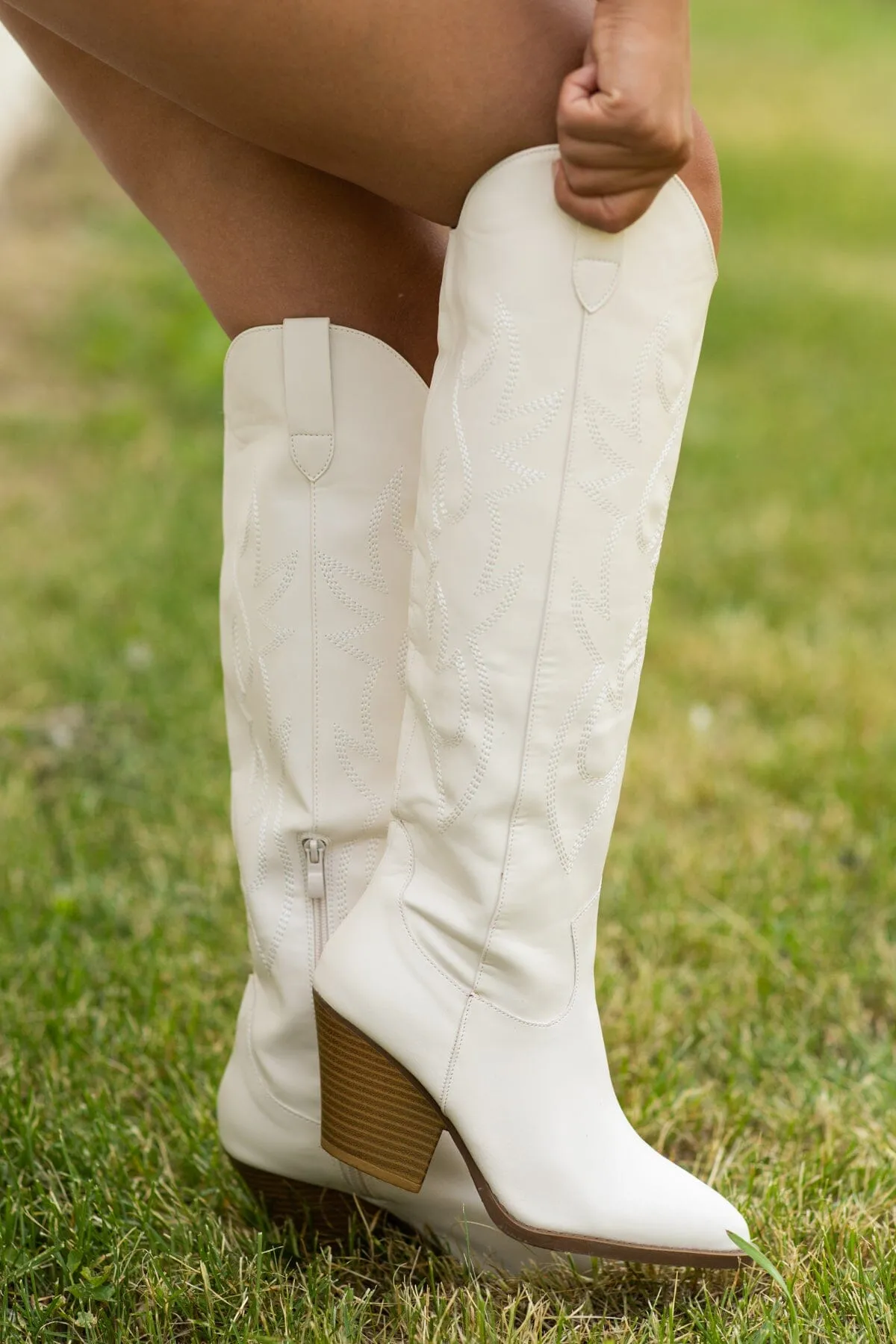 Beige Tall Point Toe Western Boots