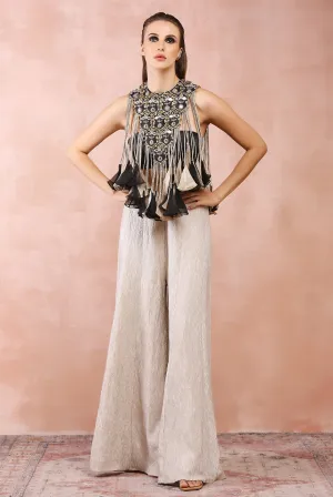 BLACK EMBROIDERED BIB YOKE WITH BUSTIER AND DULL GOLD SHARARA