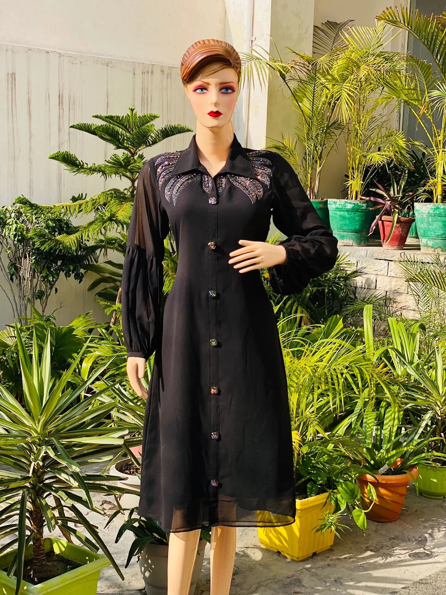 Black Embroidered Shirt Dress