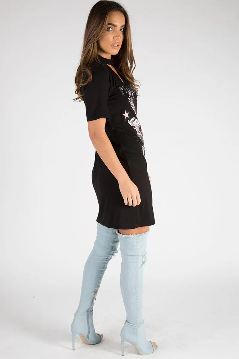 Black Flying Angel Cut Out Distressed T Shirt Dress - Amber