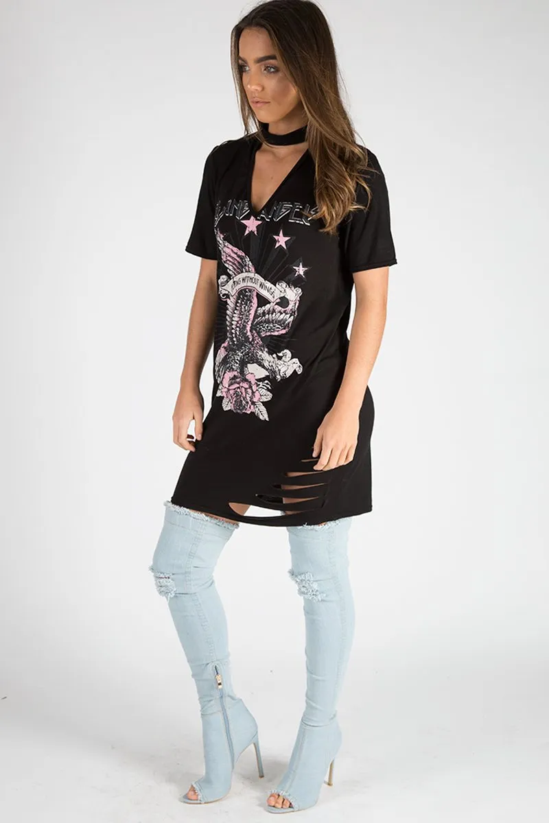 Black Flying Angel Cut Out Distressed T Shirt Dress - Amber