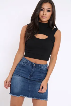 Black High Neck Cut Out Ribbed Crop Top - Jessica