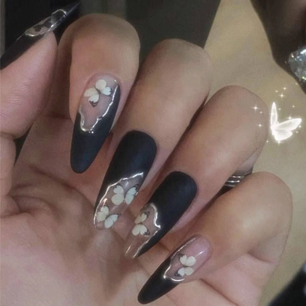 Black Press On Nails Matte Stiletto Butterfly Nail Kit