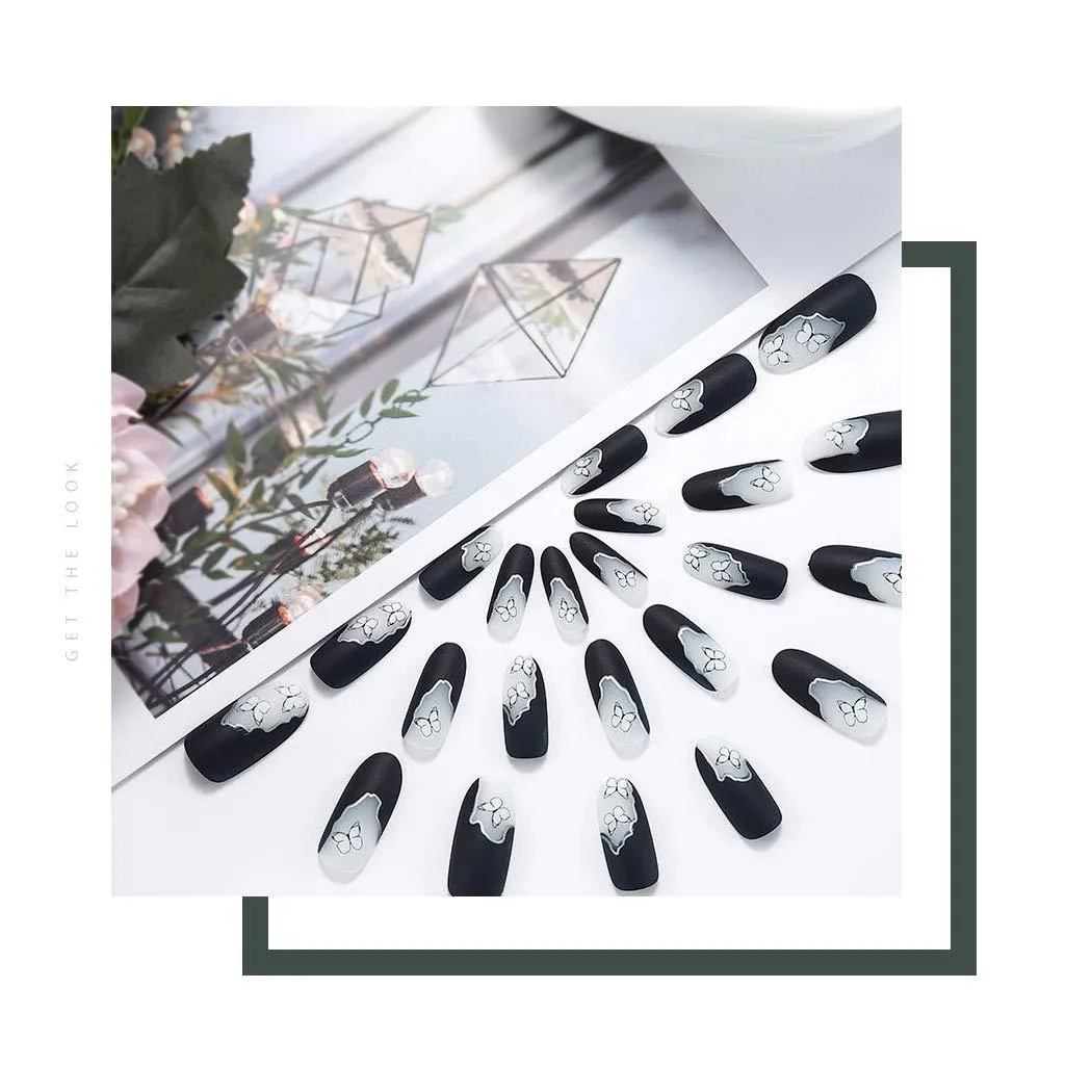 Black Press On Nails Matte Stiletto Butterfly Nail Kit
