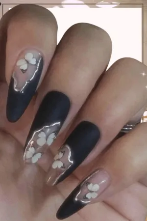 Black Press On Nails Matte Stiletto Butterfly Nail Kit