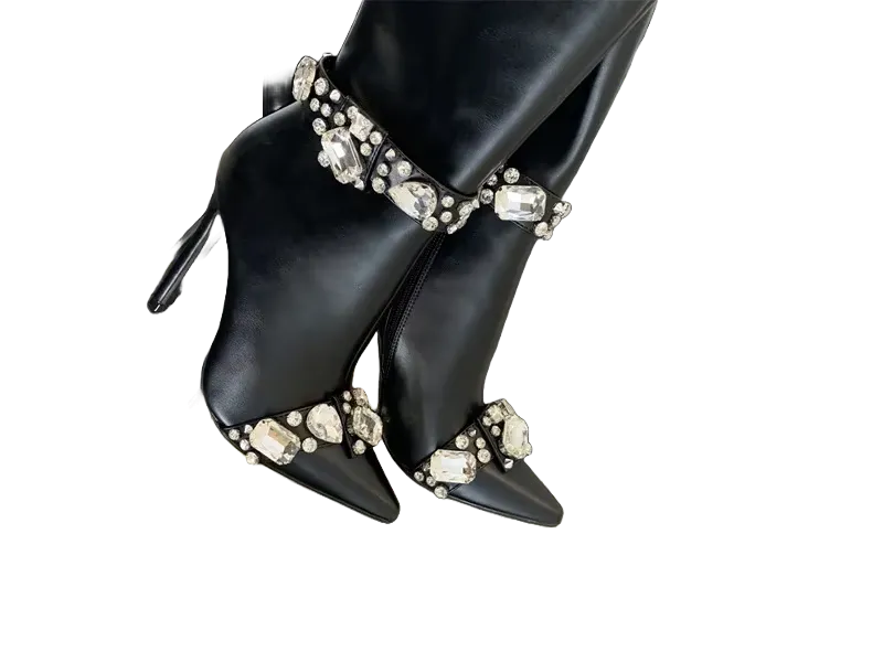 Black Rhinestone Detail Mid Calf Stiletto Heel Boots