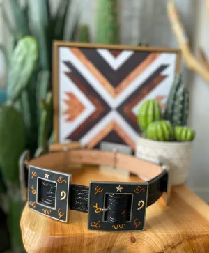 Black Tooled Leather Belt with Embroidered Branded Western Square Buckle