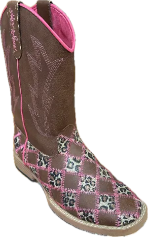 Blazin Roxx Girl's Pink & Cheetah Sparkle Checkered Square Toe Boots