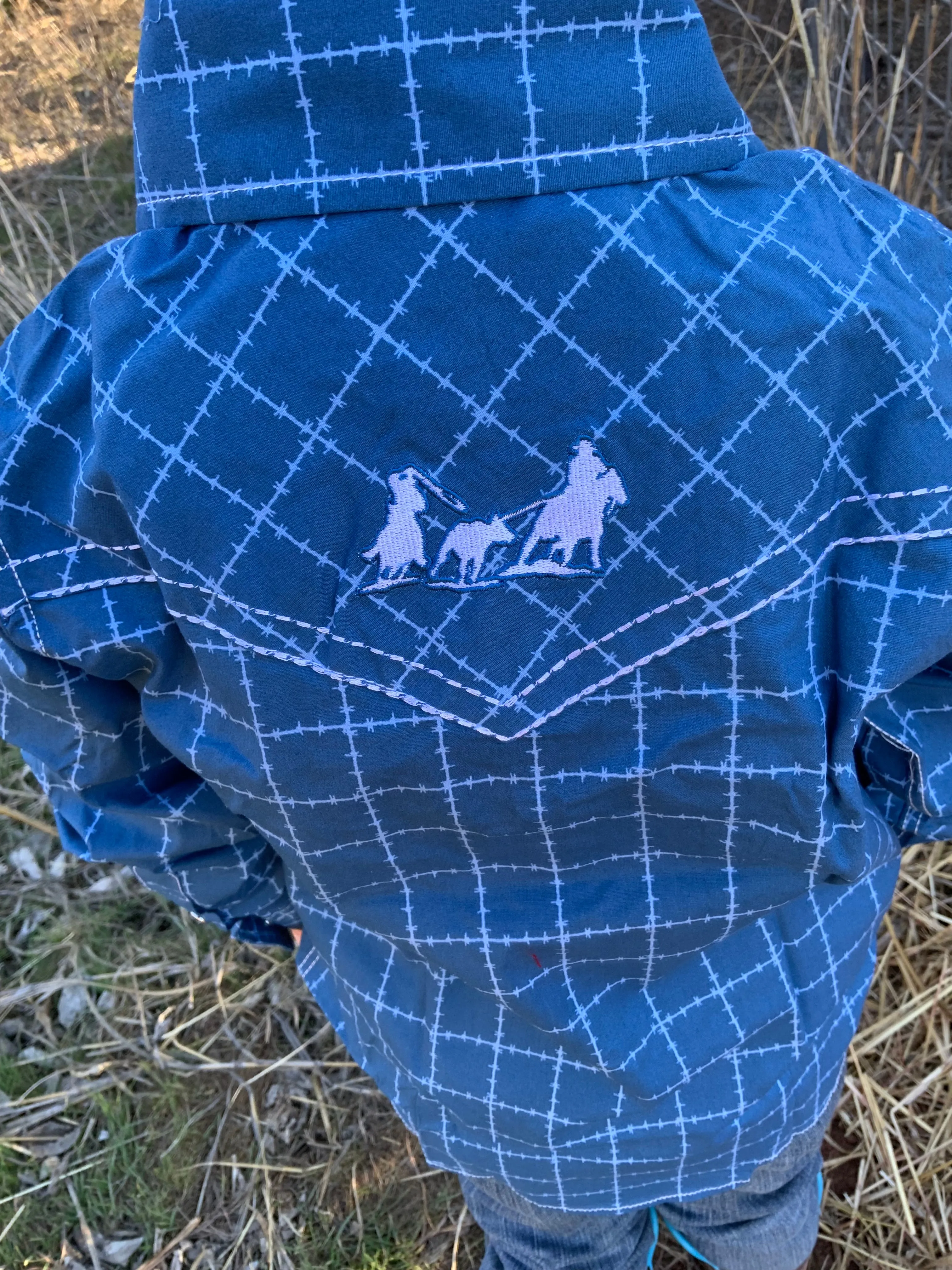 Blue Barbed Wire with Team Ropers Snap Up Shirt