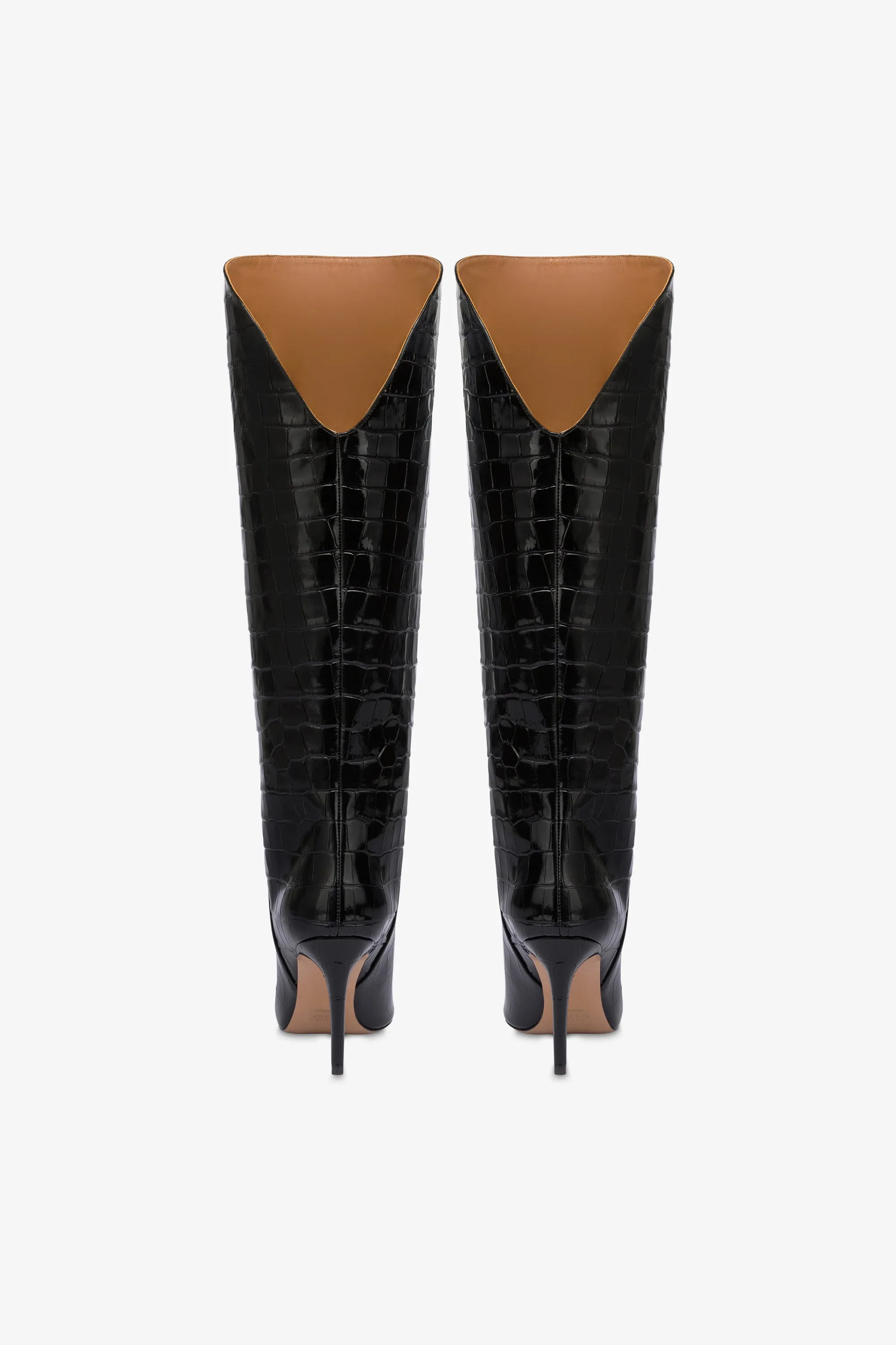 Boots in black croco-embossed leather