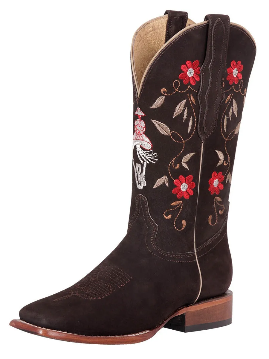 Botas Vaqueras Rodeo con Tubo Bordado de Flores de Piel Nobuck para Mujer 'El General' - ID: 42974