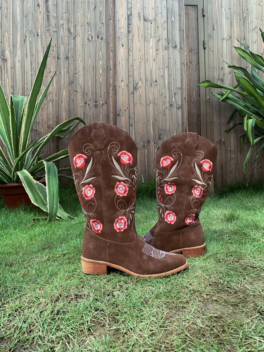 Brown Morning Glory Embroidered Cowboy Heel Boots