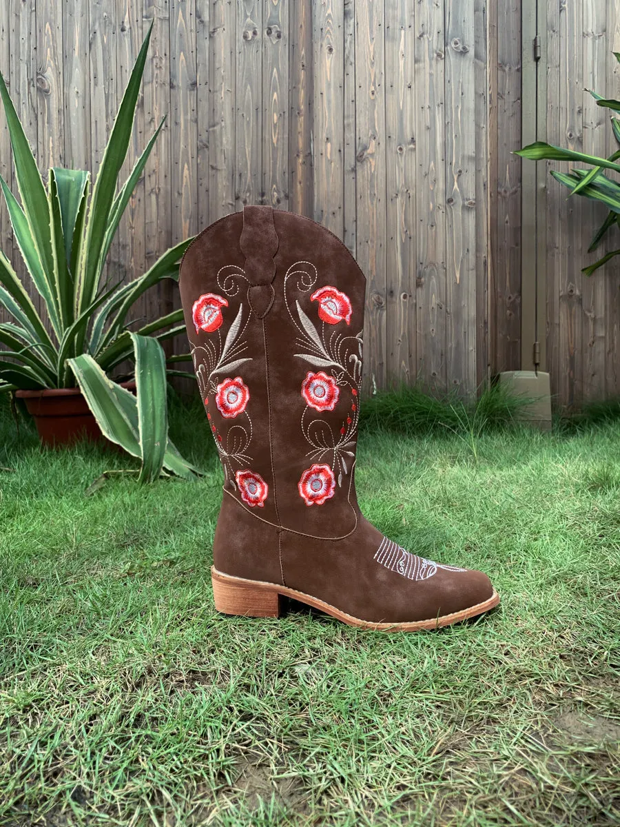 Brown Morning Glory Embroidered Cowboy Heel Boots