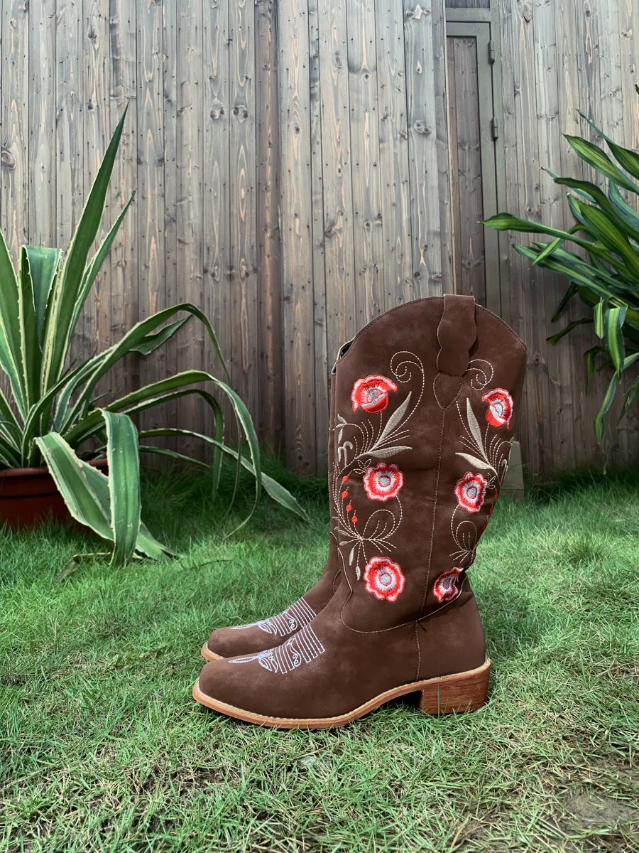 Brown Morning Glory Embroidered Cowboy Heel Boots