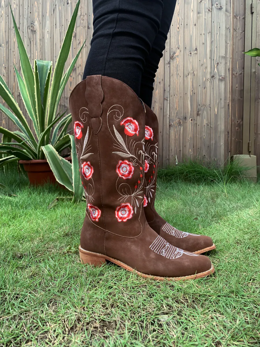 Brown Morning Glory Embroidered Cowboy Heel Boots