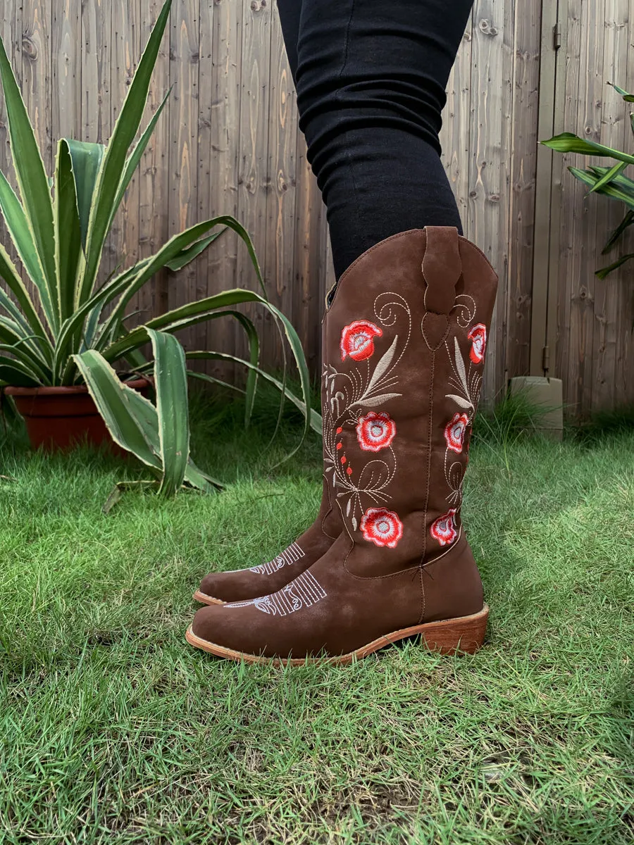 Brown Morning Glory Embroidered Cowboy Heel Boots