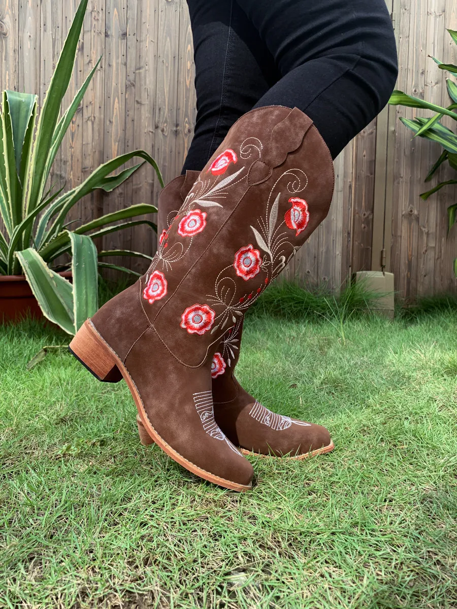 Brown Morning Glory Embroidered Cowboy Heel Boots
