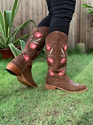 Brown Morning Glory Embroidered Cowboy Heel Boots