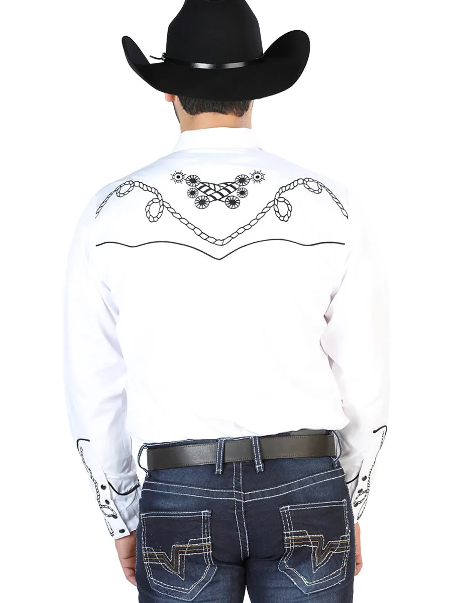 Camisa Vaquera Bordada Manga Larga Blanco para Hombre 'El Señor de los Cielos' - ID: 126718